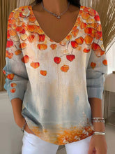 Women's Fall Leaf Print V-neck Long Sleeve Pullover Sweater